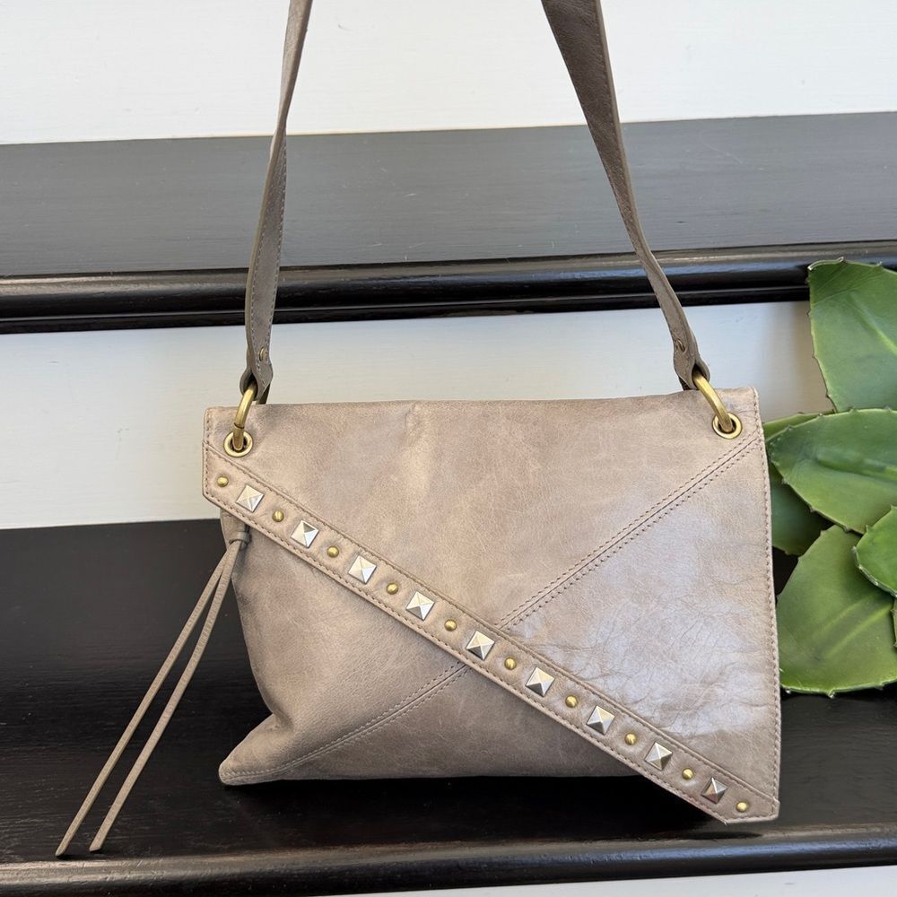 Hobo International genuine leather shoulder bag clutch studded like new neutral